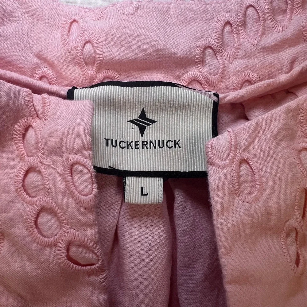 Tuckernuck Pink Salt Eyelet Finley‎ Flutter Sleeve Blouse Large Split Neck